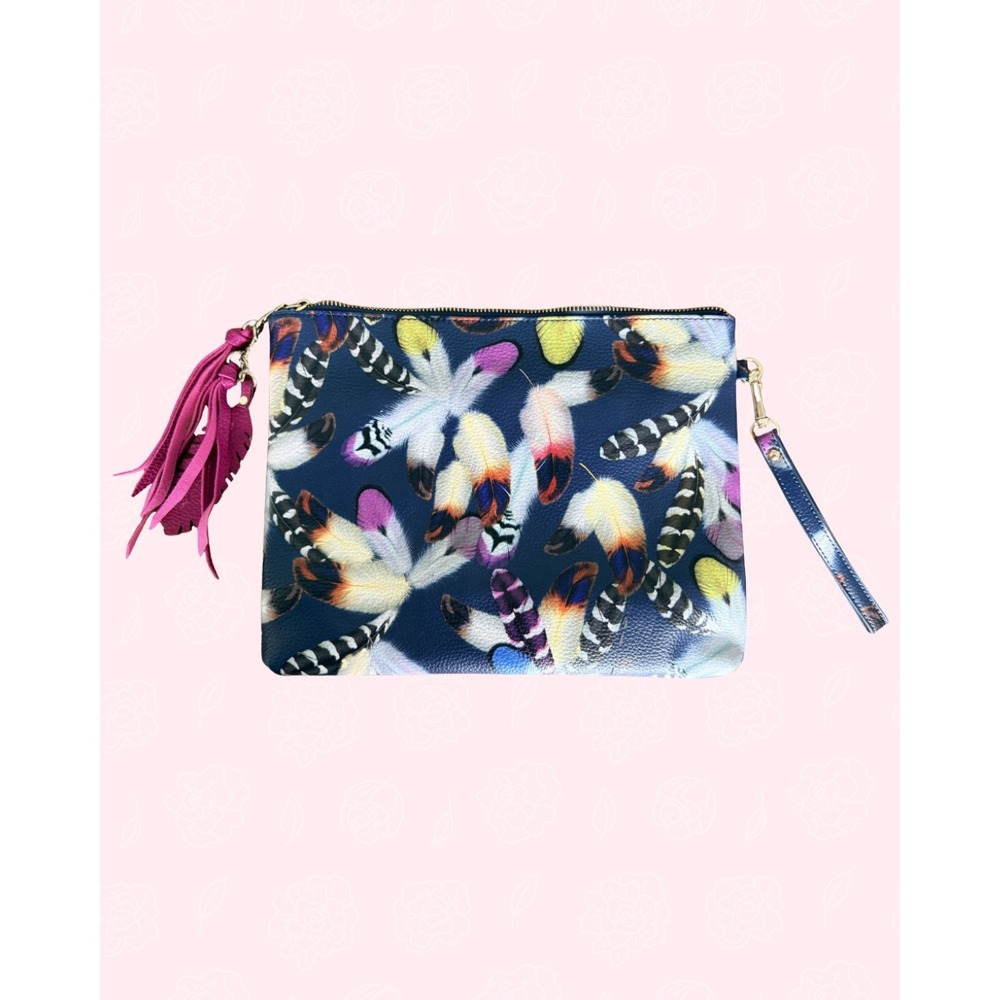 Faux Leather XL Wristlet Clutch Zip Pouch Feather Print Tassel Multi Preowned